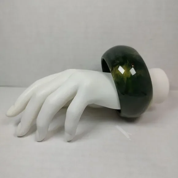 Wide Chunky Glossy Green Marbled Resin Bangle Fashion Statement Bracelet 9" - Picture 2 of 14